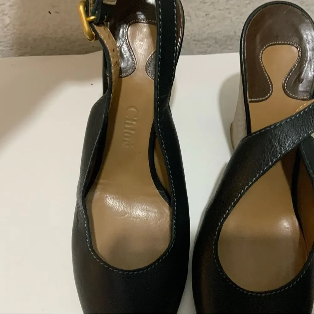 Chloé Leather Slingback Leather Wedge Ankle Pumps In Black 39.5 Italy